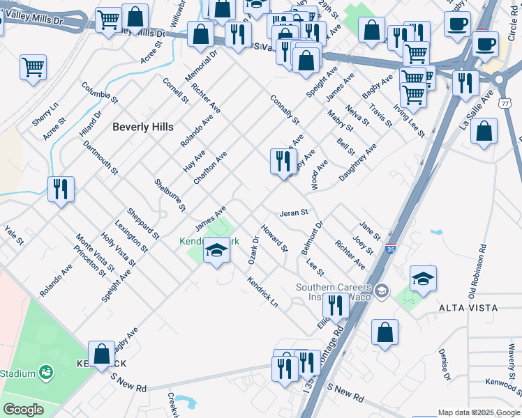 map of restaurants, bars, coffee shops, grocery stores, and more near 1904 Howard Street in Waco