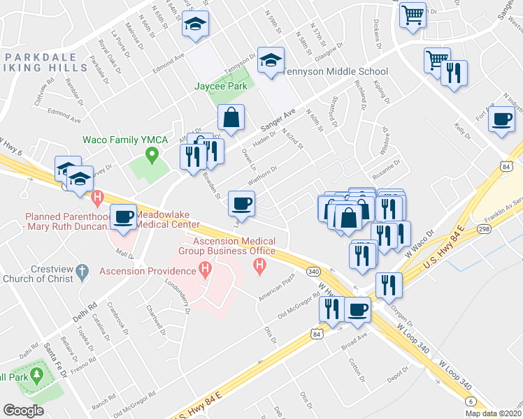 map of restaurants, bars, coffee shops, grocery stores, and more near 6519 Landmark Drive in Waco