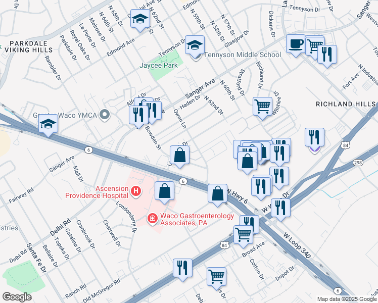 map of restaurants, bars, coffee shops, grocery stores, and more near 416 Owen Lane in Waco