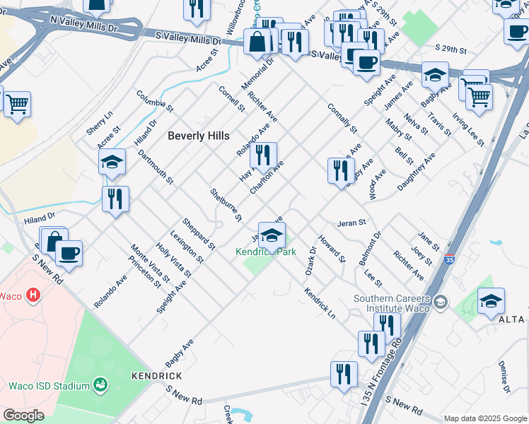 map of restaurants, bars, coffee shops, grocery stores, and more near 3909 Speight Avenue in Waco