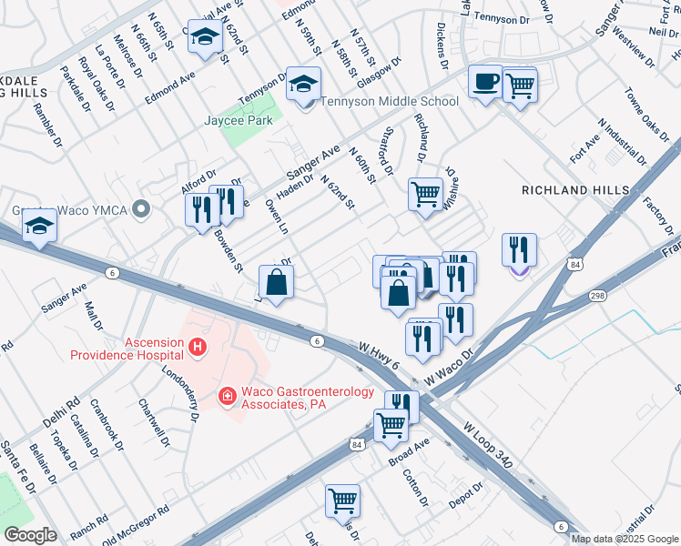 map of restaurants, bars, coffee shops, grocery stores, and more near 415 Owen Lane in Waco