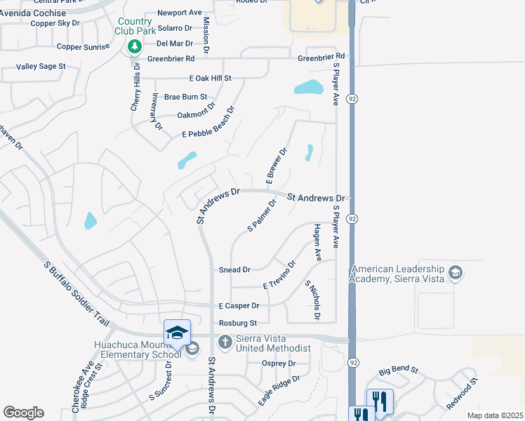map of restaurants, bars, coffee shops, grocery stores, and more near 2834 South Palmer Drive in Sierra Vista