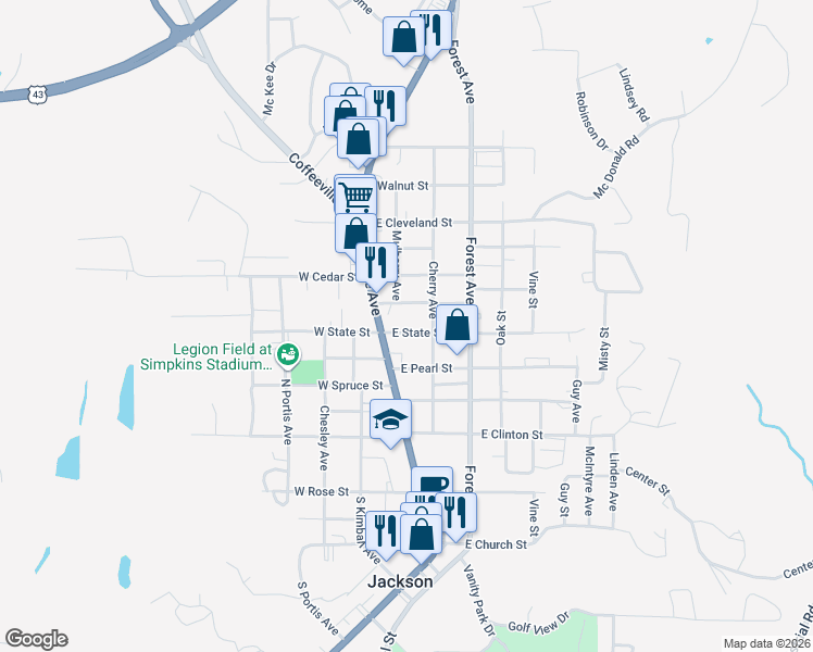 map of restaurants, bars, coffee shops, grocery stores, and more near 159 East State Street in Jackson