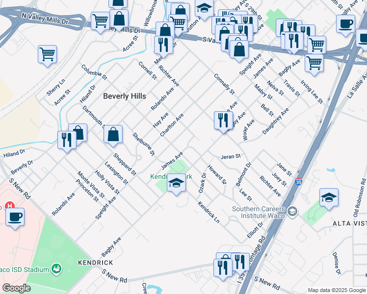 map of restaurants, bars, coffee shops, grocery stores, and more near 3821 James Avenue in Waco