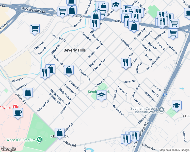 map of restaurants, bars, coffee shops, grocery stores, and more near 3909 Speight Avenue in Waco