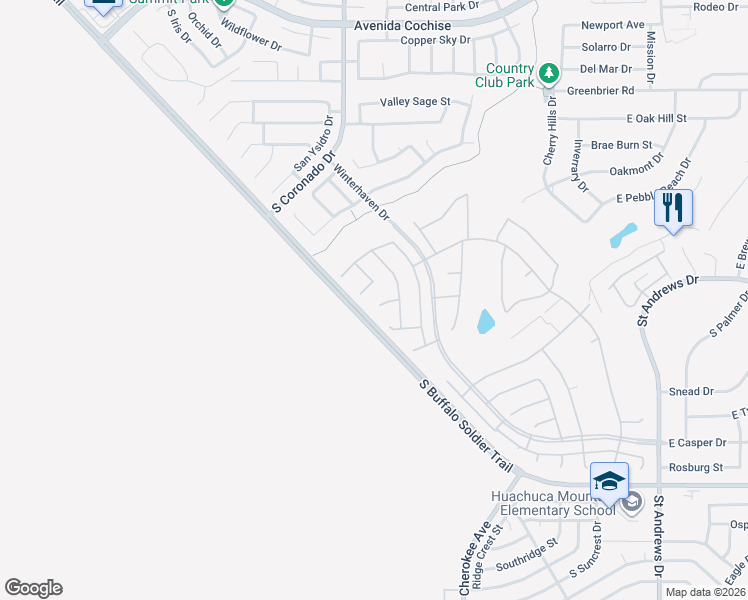 map of restaurants, bars, coffee shops, grocery stores, and more near 2033 Deepwood Circle in Sierra Vista