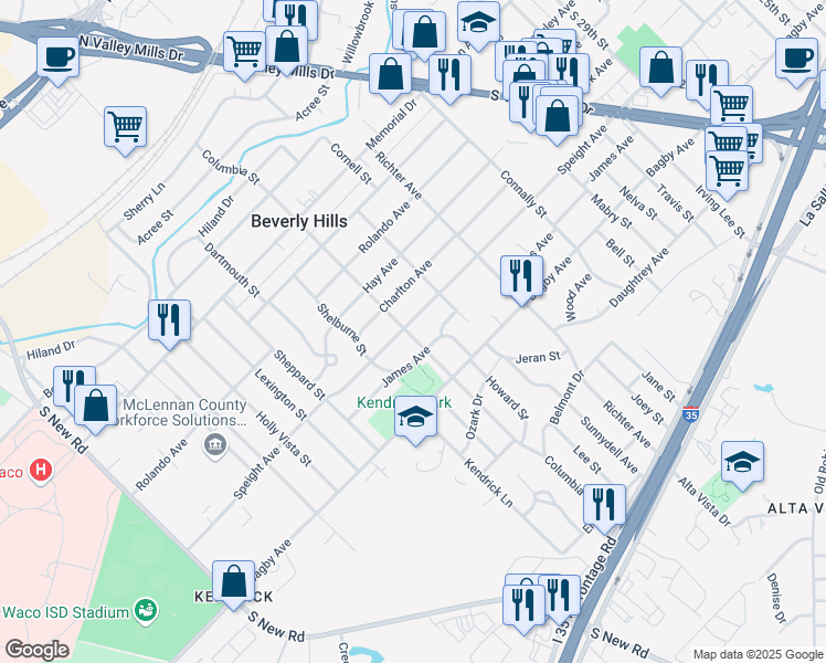 map of restaurants, bars, coffee shops, grocery stores, and more near 3821 James Avenue in Waco