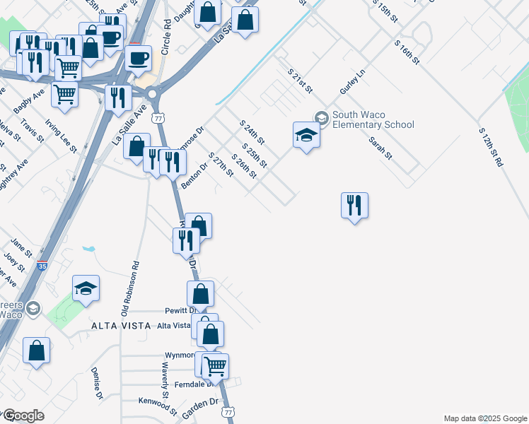 map of restaurants, bars, coffee shops, grocery stores, and more near 2737 South 27th Street in Waco