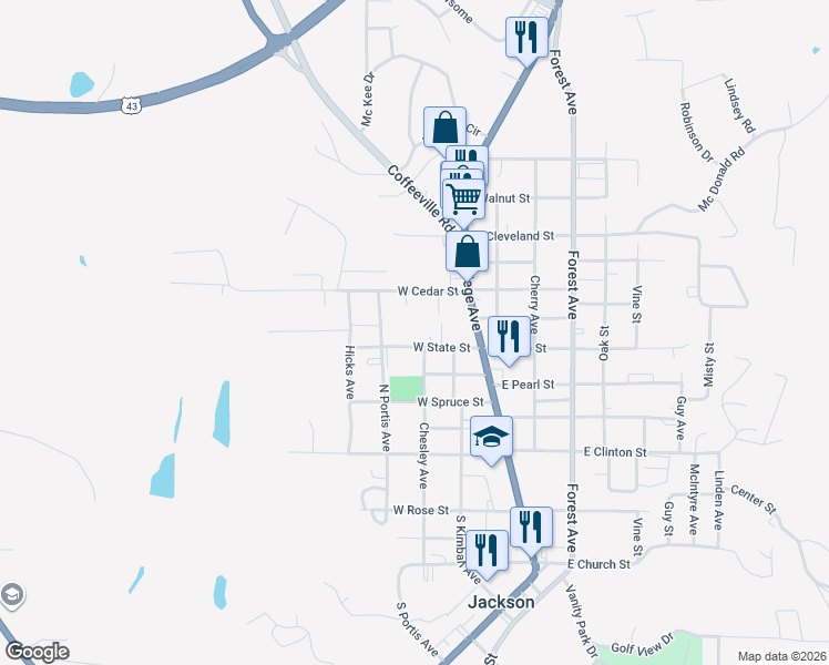 map of restaurants, bars, coffee shops, grocery stores, and more near 612 North Portis Avenue in Jackson