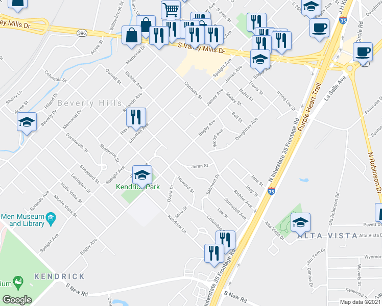 map of restaurants, bars, coffee shops, grocery stores, and more near 1901 Richter Avenue in Waco