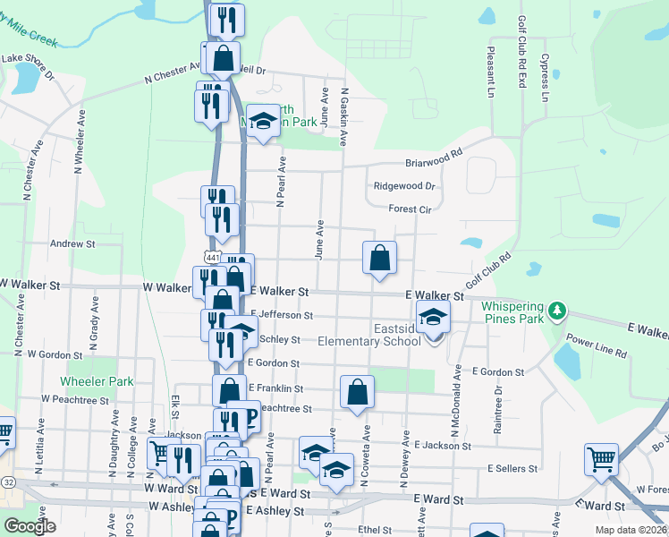 map of restaurants, bars, coffee shops, grocery stores, and more near 917 North Gaskin Avenue in Douglas