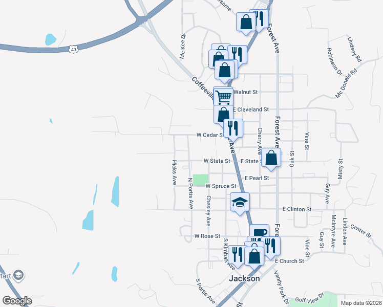 map of restaurants, bars, coffee shops, grocery stores, and more near 612 North Portis Avenue in Jackson