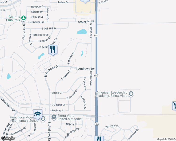 map of restaurants, bars, coffee shops, grocery stores, and more near 3818 Saint Andrews Drive in Sierra Vista