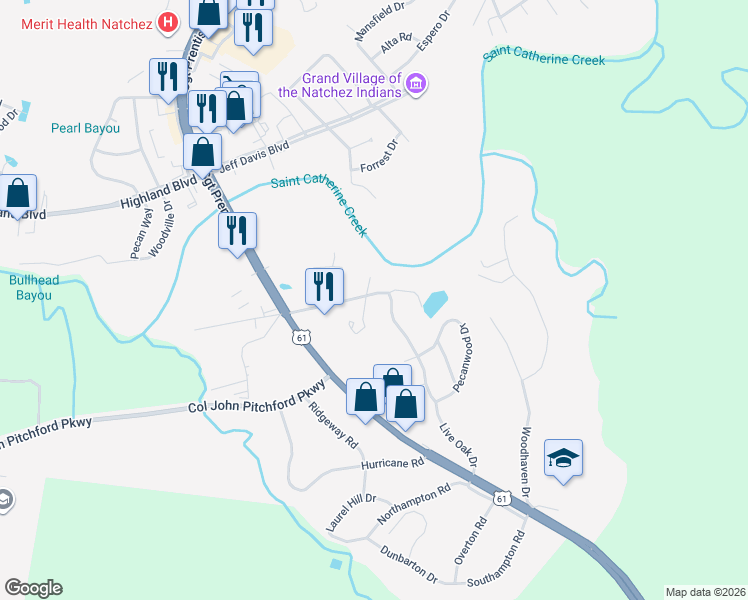 map of restaurants, bars, coffee shops, grocery stores, and more near 11 Old Prentiss Highway East in Natchez