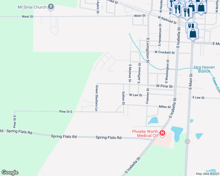 map of restaurants, bars, coffee shops, grocery stores, and more near 711 West Pine Street in Sylvester