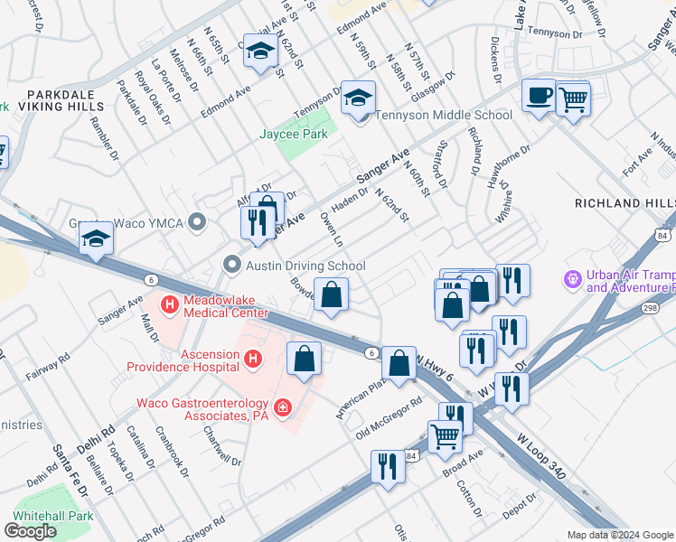 map of restaurants, bars, coffee shops, grocery stores, and more near 6519 Landmark Drive in Waco