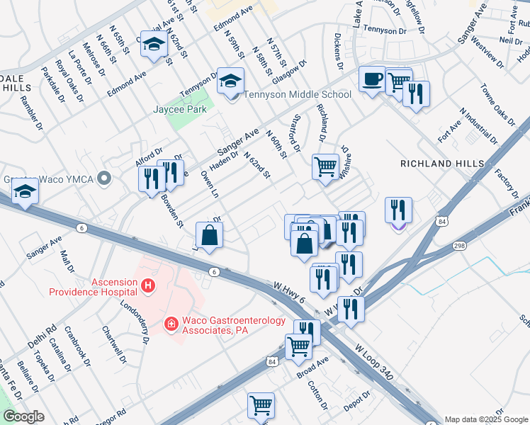 map of restaurants, bars, coffee shops, grocery stores, and more near 415 Owen Lane in Waco