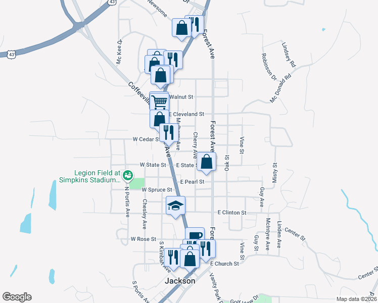 map of restaurants, bars, coffee shops, grocery stores, and more near 159 East State Street in Jackson