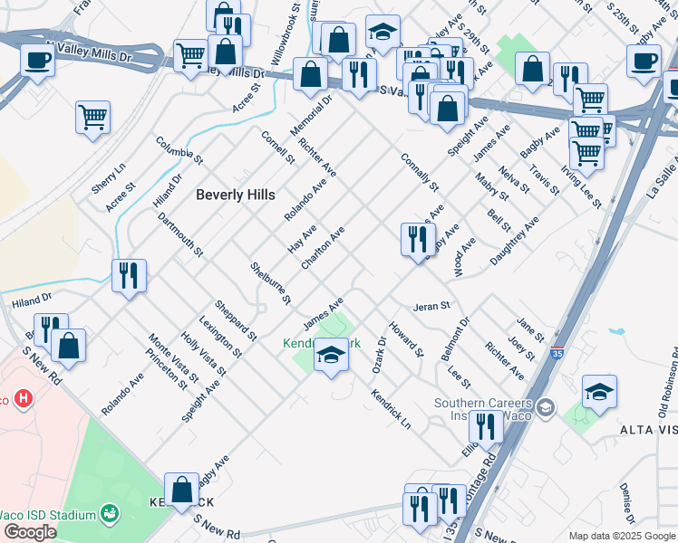 map of restaurants, bars, coffee shops, grocery stores, and more near 3821 James Avenue in Waco