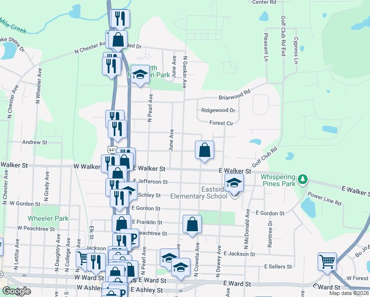 map of restaurants, bars, coffee shops, grocery stores, and more near 917 North Gaskin Avenue in Douglas