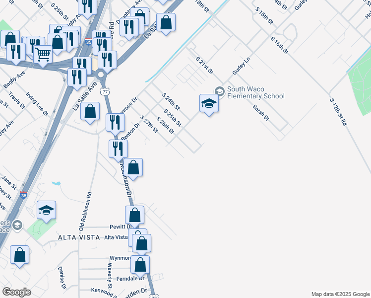 map of restaurants, bars, coffee shops, grocery stores, and more near 2737 South 27th Street in Waco