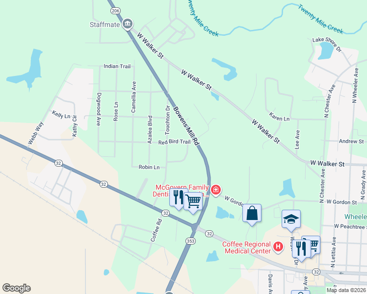 map of restaurants, bars, coffee shops, grocery stores, and more near 207 Circle Drive in Douglas