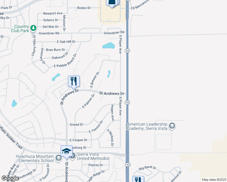 map of restaurants, bars, coffee shops, grocery stores, and more near 3818 Saint Andrews Drive in Sierra Vista