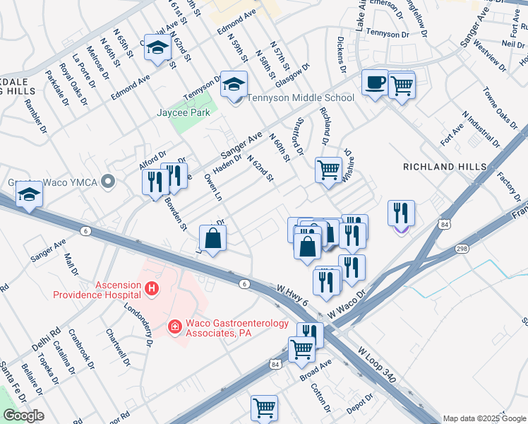 map of restaurants, bars, coffee shops, grocery stores, and more near 415 Owen Lane in Waco