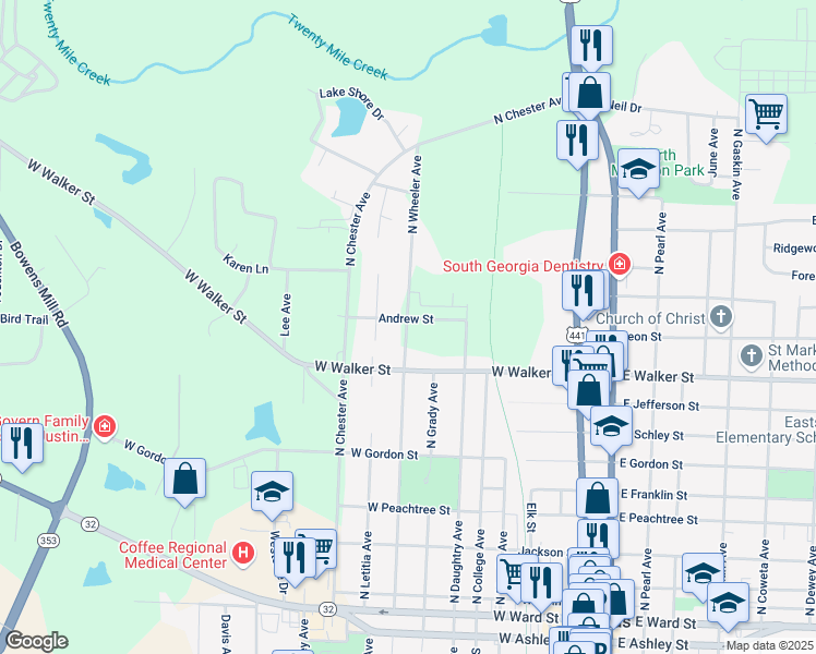map of restaurants, bars, coffee shops, grocery stores, and more near 900 North Wheeler Avenue in Douglas