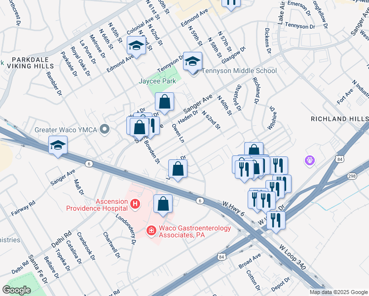 map of restaurants, bars, coffee shops, grocery stores, and more near 6418 May Drive in Waco
