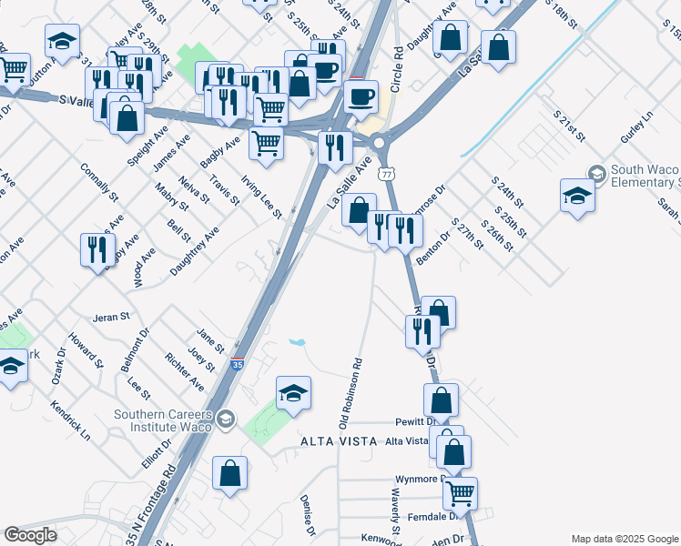 map of restaurants, bars, coffee shops, grocery stores, and more near 3120 Interstate 35 in Waco