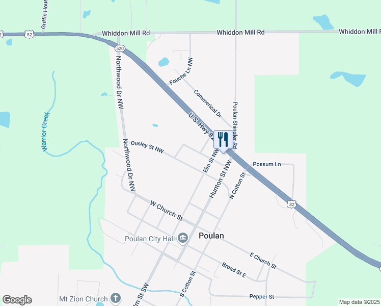 map of restaurants, bars, coffee shops, grocery stores, and more near 428 Clements Street Northwest in Poulan