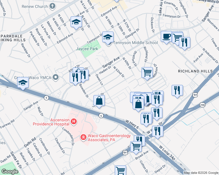map of restaurants, bars, coffee shops, grocery stores, and more near 6312 Wiethorn Drive in Waco