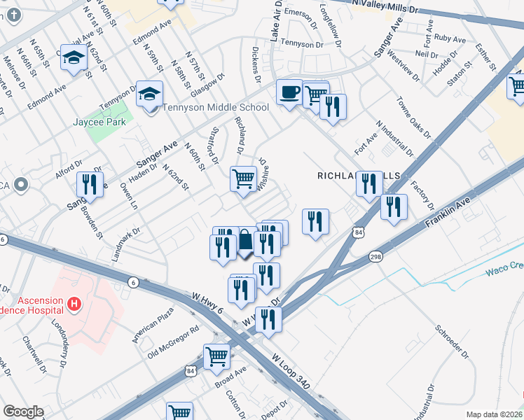 map of restaurants, bars, coffee shops, grocery stores, and more near 5801 Roxanne Drive in Waco