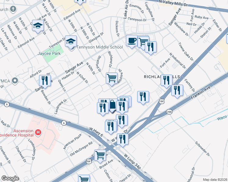map of restaurants, bars, coffee shops, grocery stores, and more near 5801 Roxanne Drive in Waco