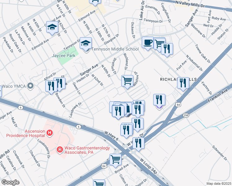 map of restaurants, bars, coffee shops, grocery stores, and more near 6000 Landmark Drive in Waco