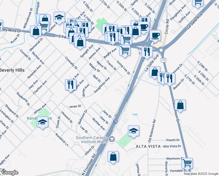 map of restaurants, bars, coffee shops, grocery stores, and more near 3327 Bell Street in Waco