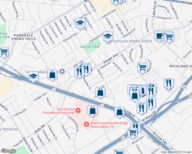 map of restaurants, bars, coffee shops, grocery stores, and more near 6601 May Drive in Waco