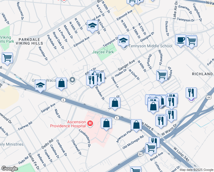 map of restaurants, bars, coffee shops, grocery stores, and more near 6601 May Drive in Waco