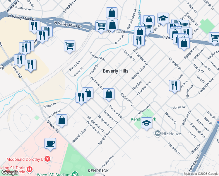 map of restaurants, bars, coffee shops, grocery stores, and more near 4017 Shelby Avenue in Waco