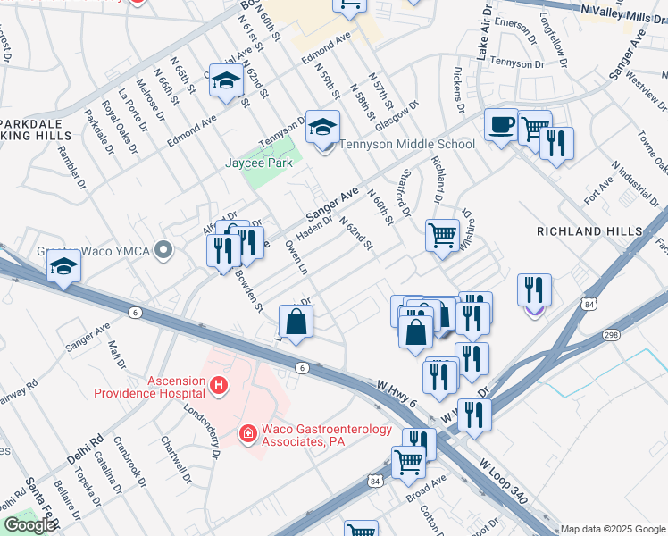 map of restaurants, bars, coffee shops, grocery stores, and more near 6312 Wiethorn Dr in Waco