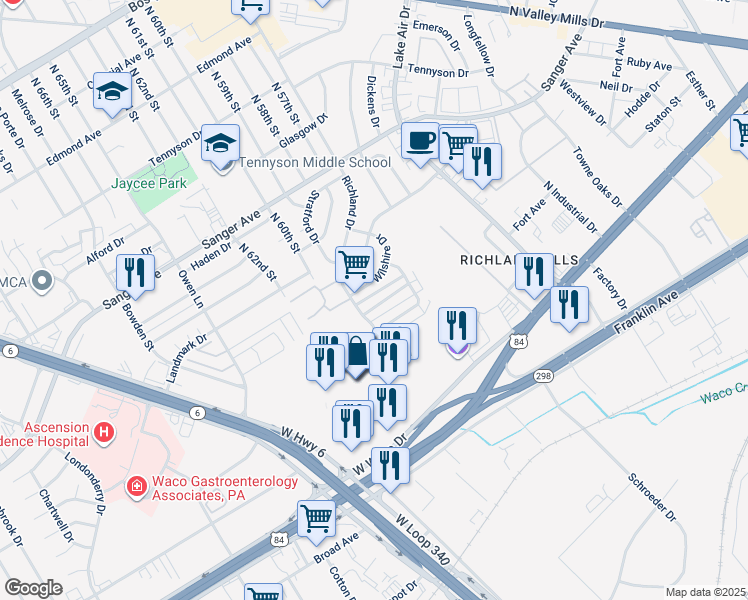 map of restaurants, bars, coffee shops, grocery stores, and more near 5801 Roxanne Drive in Waco