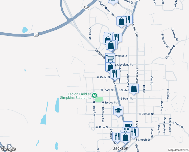 map of restaurants, bars, coffee shops, grocery stores, and more near 316A West Cedar Street in Jackson