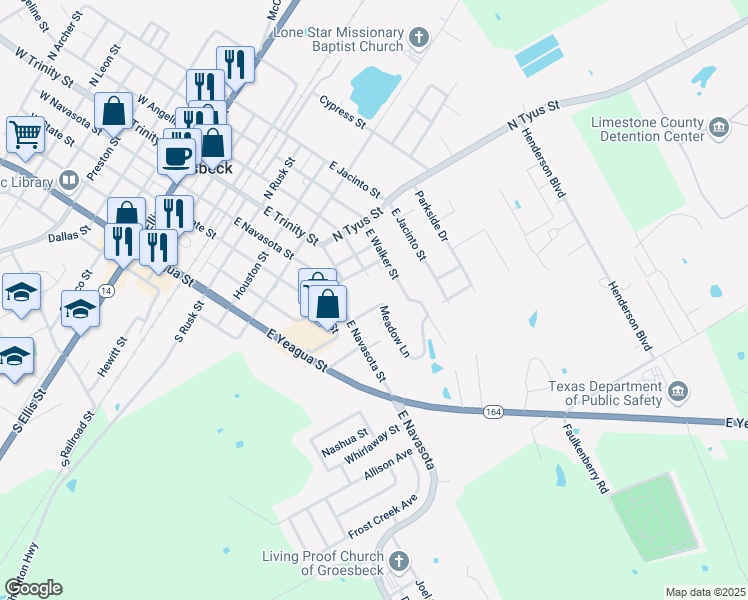 map of restaurants, bars, coffee shops, grocery stores, and more near 103 Meadow Lane in Groesbeck