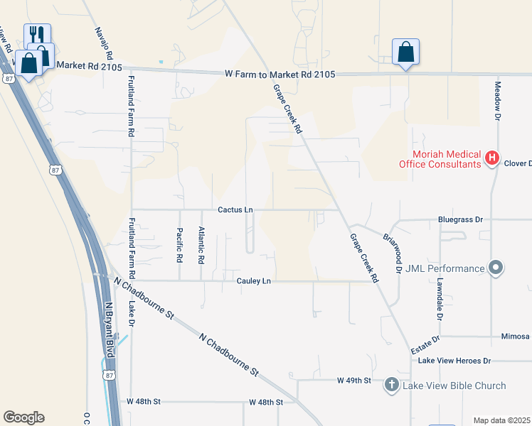 map of restaurants, bars, coffee shops, grocery stores, and more near 717-753 Cactus Lane in San Angelo