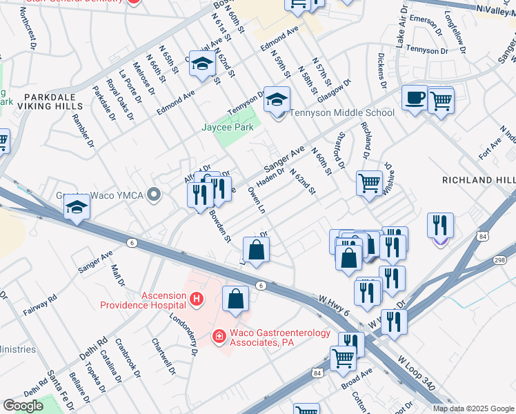 map of restaurants, bars, coffee shops, grocery stores, and more near 6418 May Drive in Waco