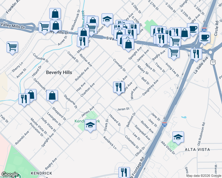 map of restaurants, bars, coffee shops, grocery stores, and more near 1625 Richter Avenue in Waco