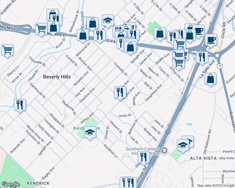 map of restaurants, bars, coffee shops, grocery stores, and more near 1700 Richter Avenue in Waco