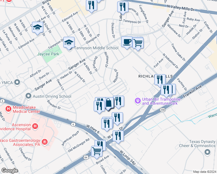 map of restaurants, bars, coffee shops, grocery stores, and more near 5812 Wilshire Drive in Waco