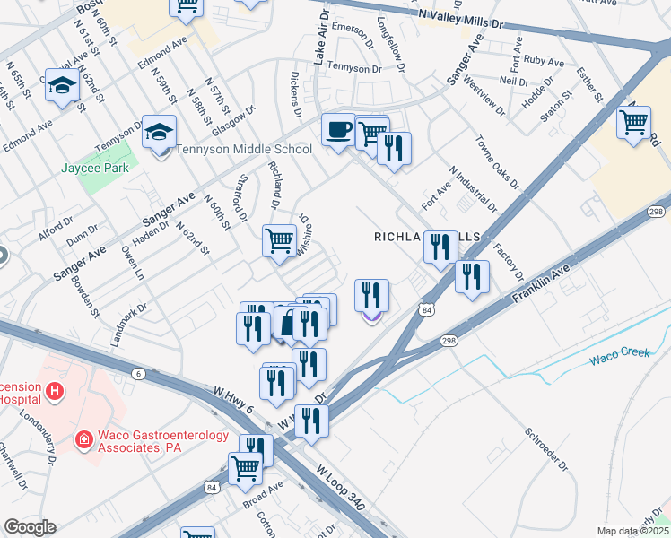 map of restaurants, bars, coffee shops, grocery stores, and more near 5706 Roxanne Drive in Waco